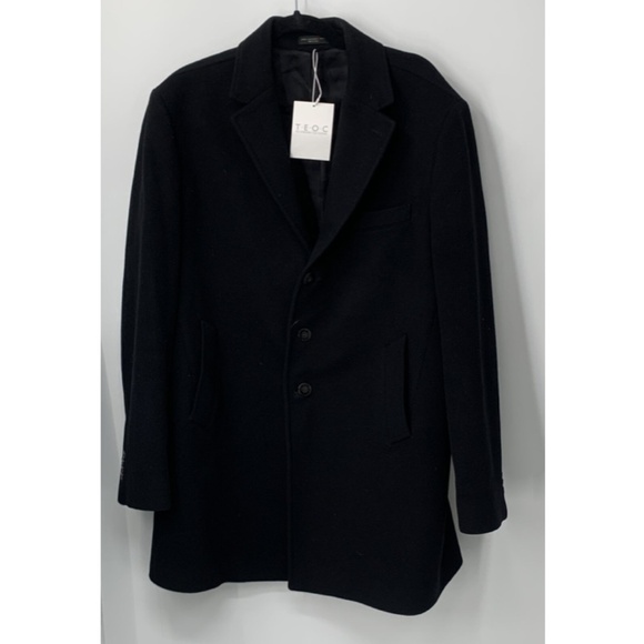 John Varvatos mens black cashmere notch lapel 3 button mid length car coat sz 44